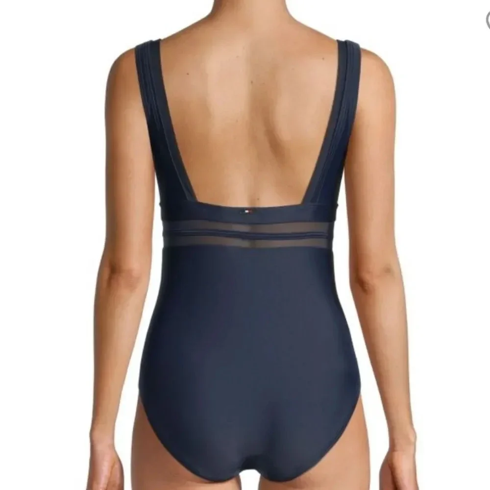 Tommy Hilfiger ​Mesh Insert Plunge Navy One Piece Swimsuit Women's Plus Size 16